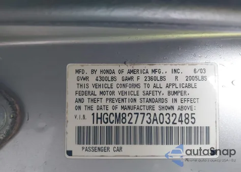 2003 Honda Accord 3.0 Ex из США, поврежденный, VIN 1HGCM82773A032485